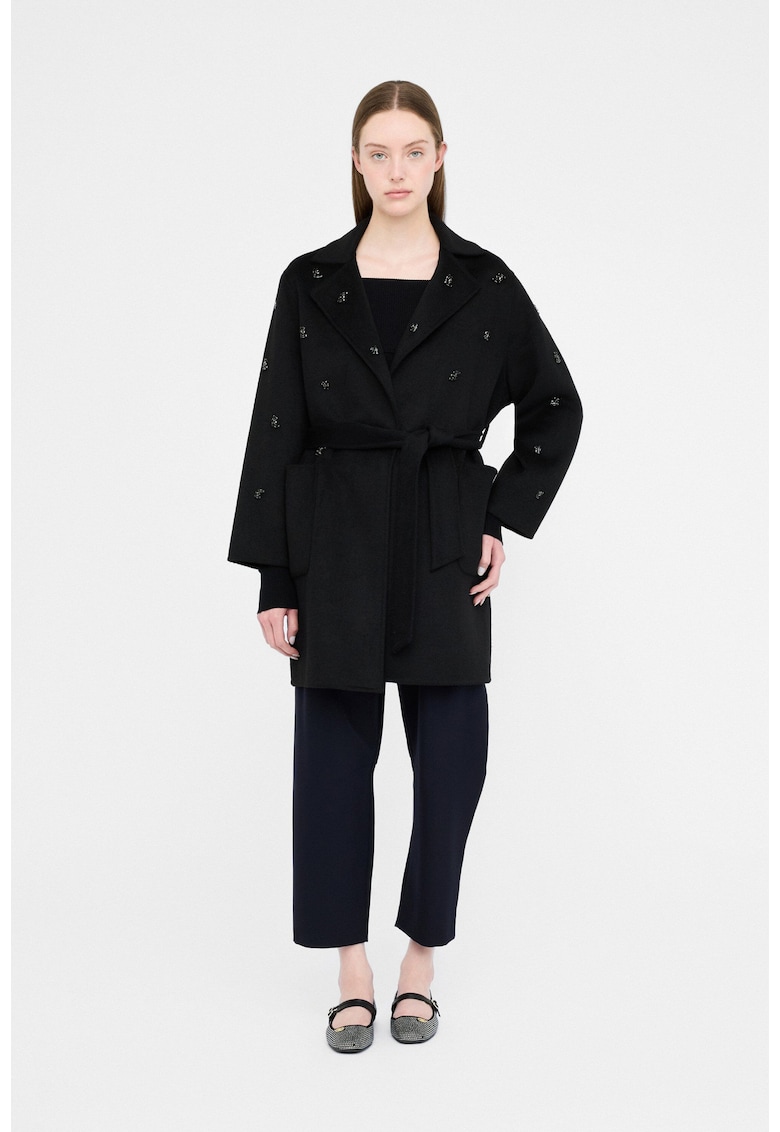 Trenci din amestec de lana cu broderie decorata - Negru