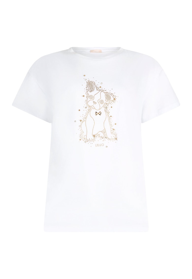 Tricou din bumbac cu aplicatie cu paiete - Alb