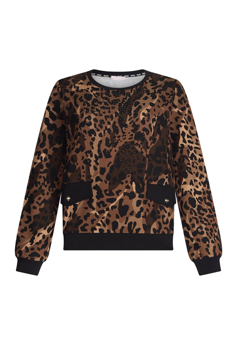 Bluza cu decolteu la baza gatului si animal print - Maro inchis
