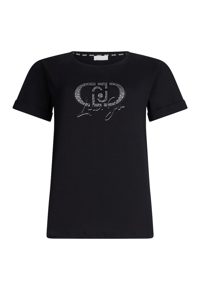 Tricou cu decolteu la baza gatului si paiete - Negru