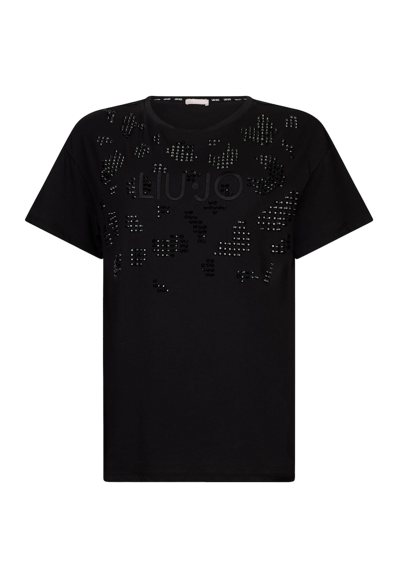 Tricou cu decolteu la baza gatului si paiete - Negru