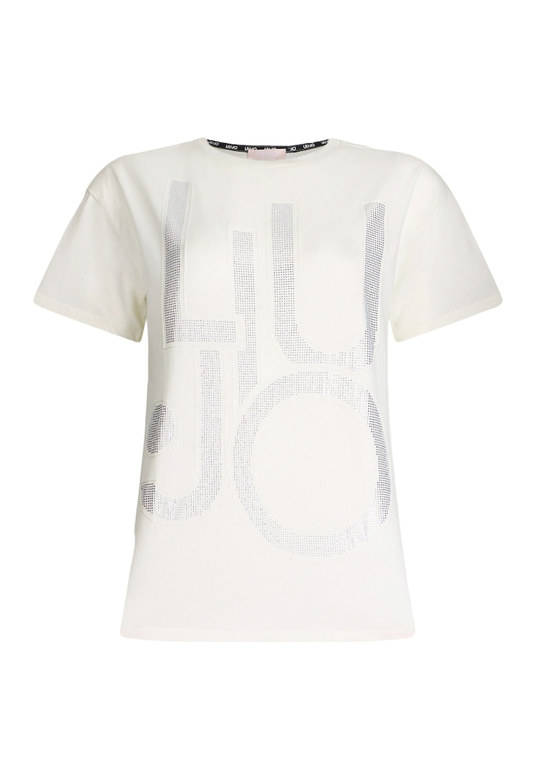 Tricou cu decolteu la baza gatului si paiete - Alb murdar/Argintiu