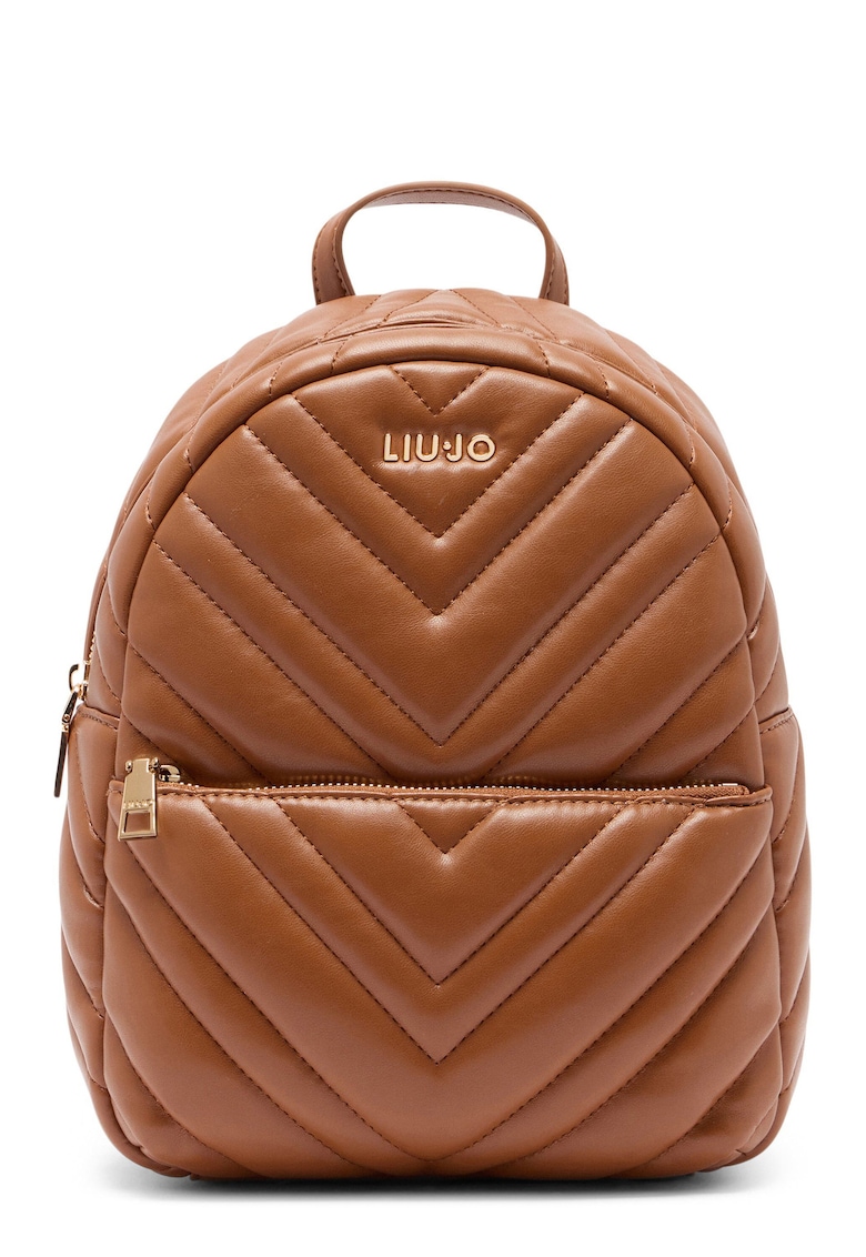 Rucsac matlasat de piele ecologica cu buzunar frontal cu fermoar - Maro cognac