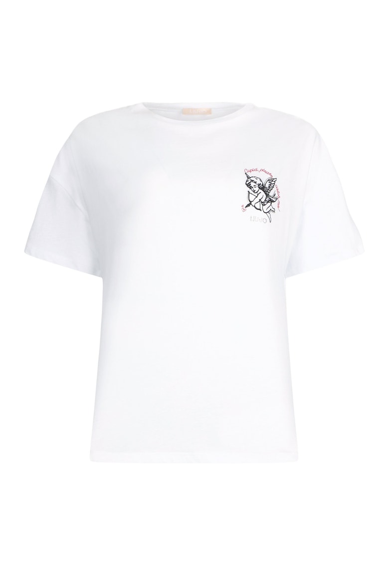 Tricou de bumbac cu broderie si strasuri - Alb