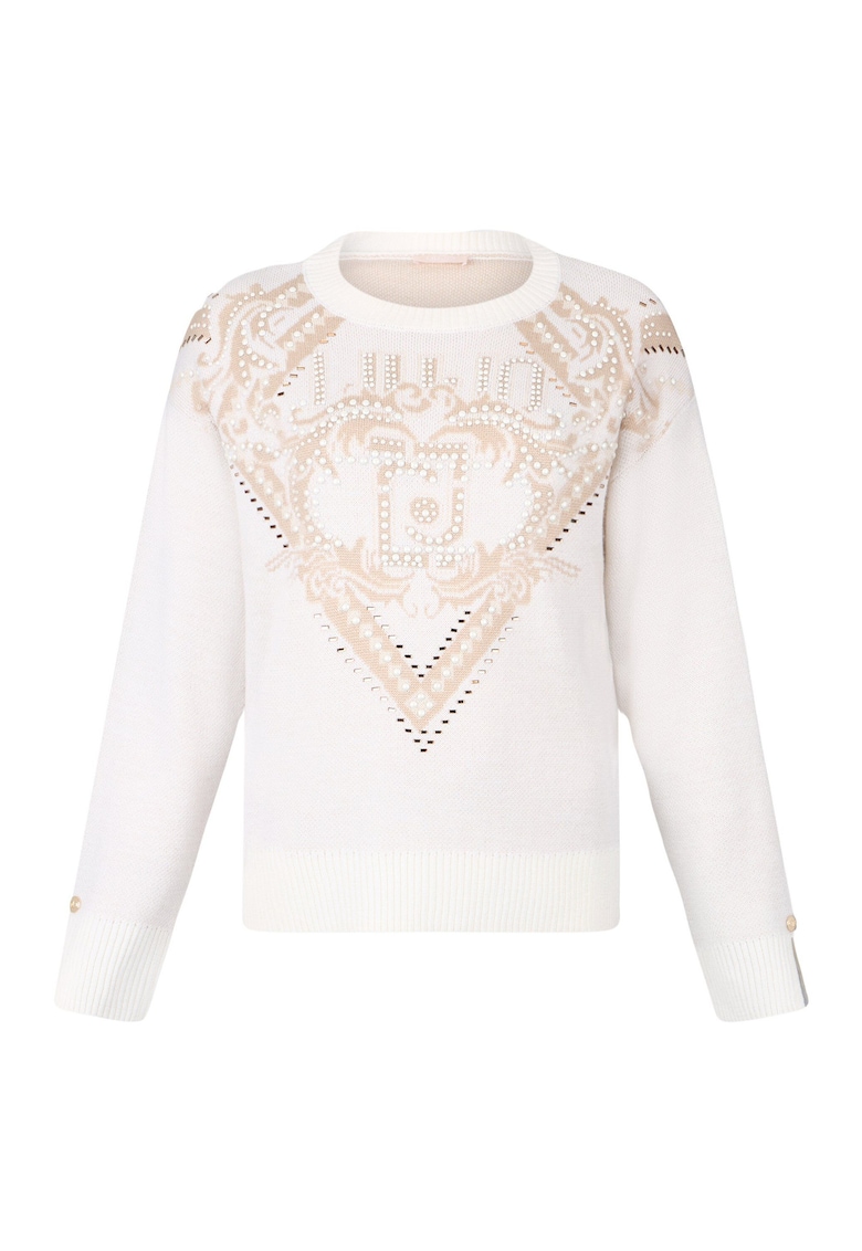 Puloer din amestec de lana cu aplicatii frontale - Alb fildes