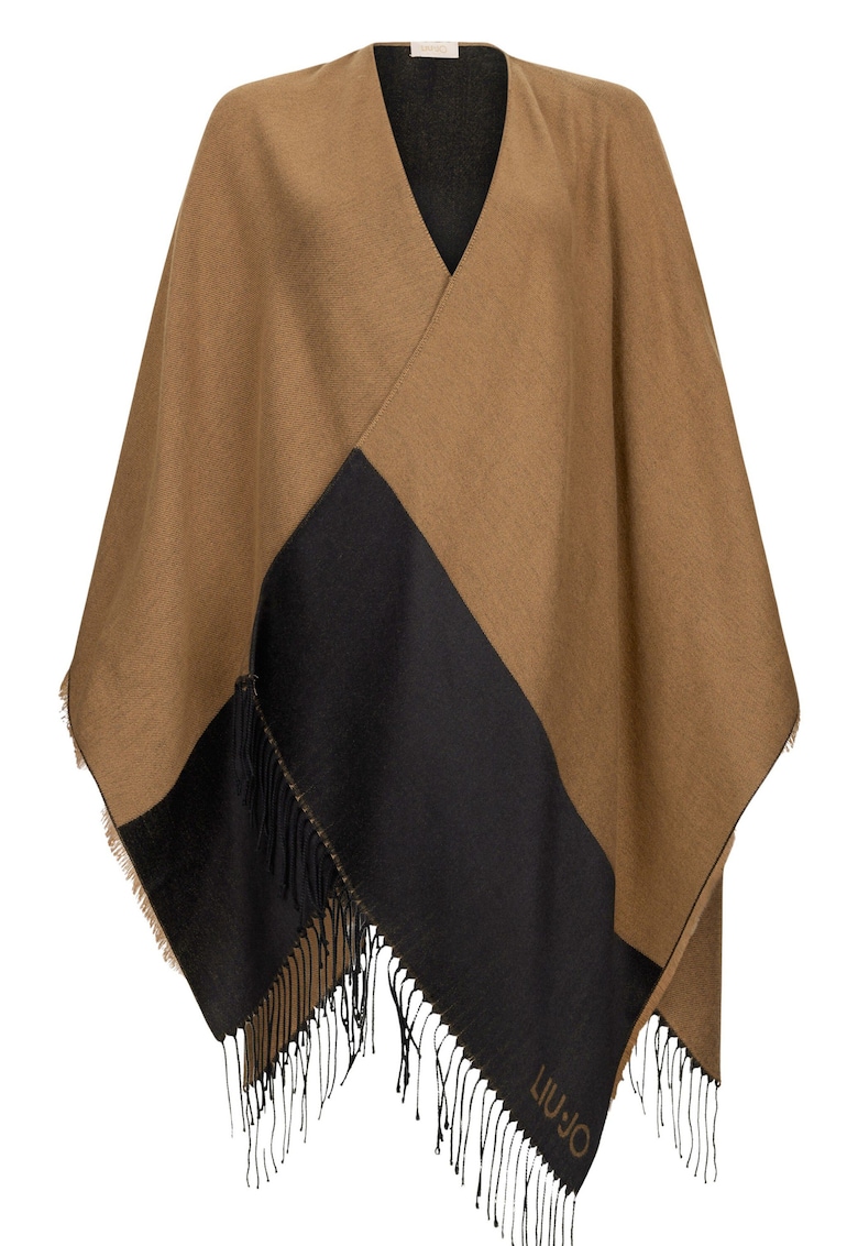 Poncho cu franjuri si model colorblock - Maro camel