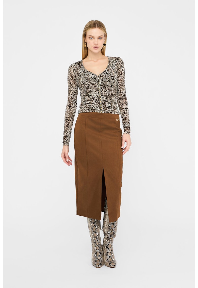 Fusta midi cu slit frontal - Maro cognac