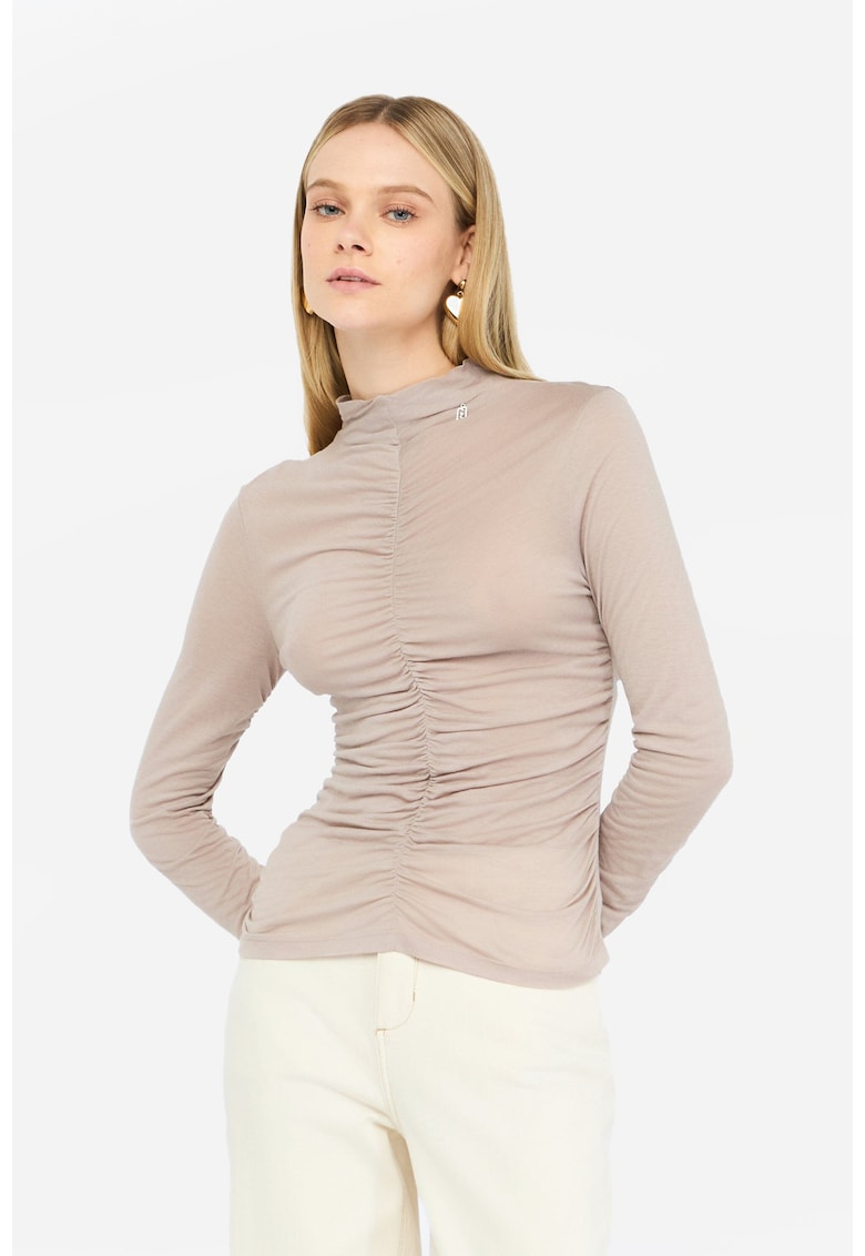 Bluza cu volane si guler scurt - Bej