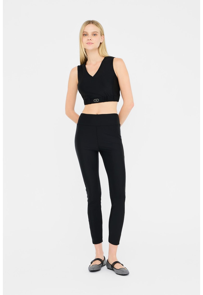 Colanti crop cu talie medie si benzi laterale cu logo - Negru