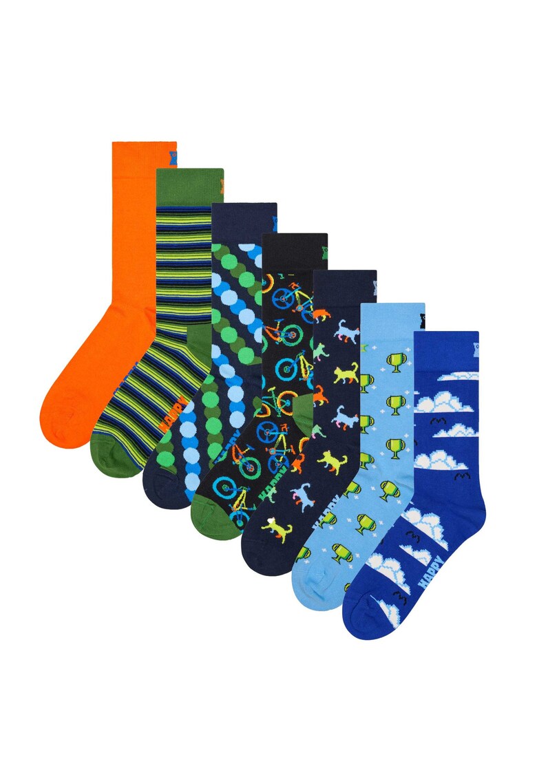 Set de sosete unisex cu imprimeu - 7 perechi - Albastru ultramarin/Portocaliu mandarina/Verde feriga