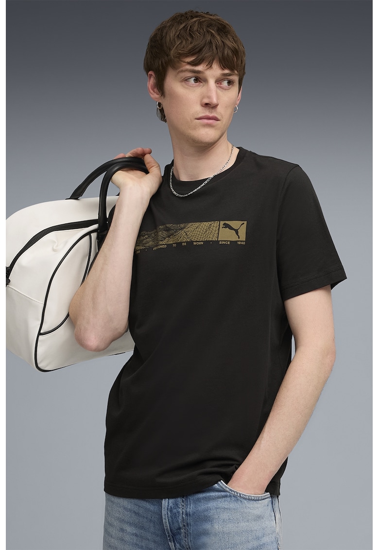 Tricou cu logo si decolteu la baza gatului - Negru/Maro