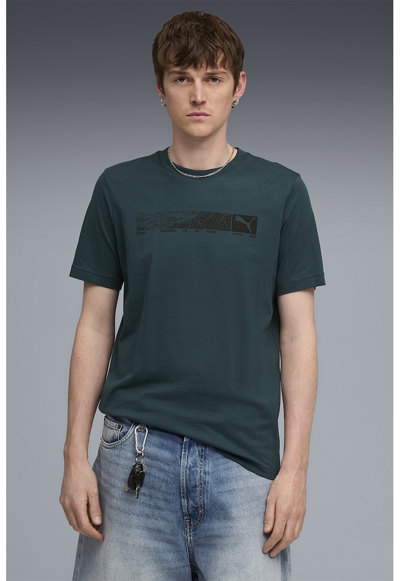 Tricou cu logo si decolteu la baza gatului - Verde padure