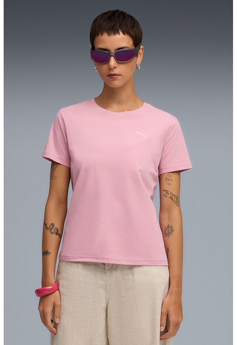 Tricou cu logo si decolteu la baza gatului - Roz deschis