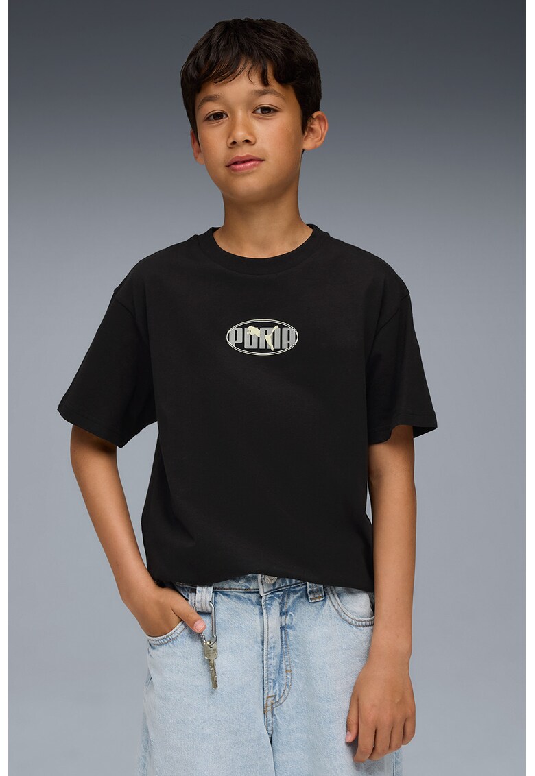 Tricou cu imprimeu si decolteu la baza gatului - Negru/Gri deschis/Galben deschis