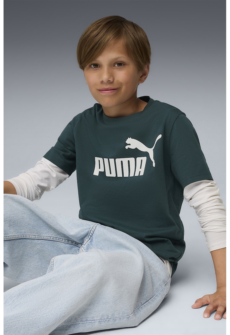 Tricou de bumbac cu decolteu la baza gatului si logo ESS No 1 - Verde englez