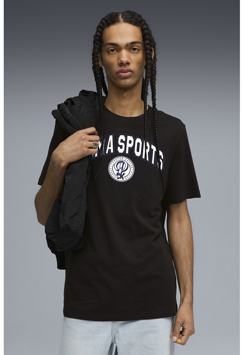 Tricou cu decolteu la baza gatului si imprimeu text - Negru