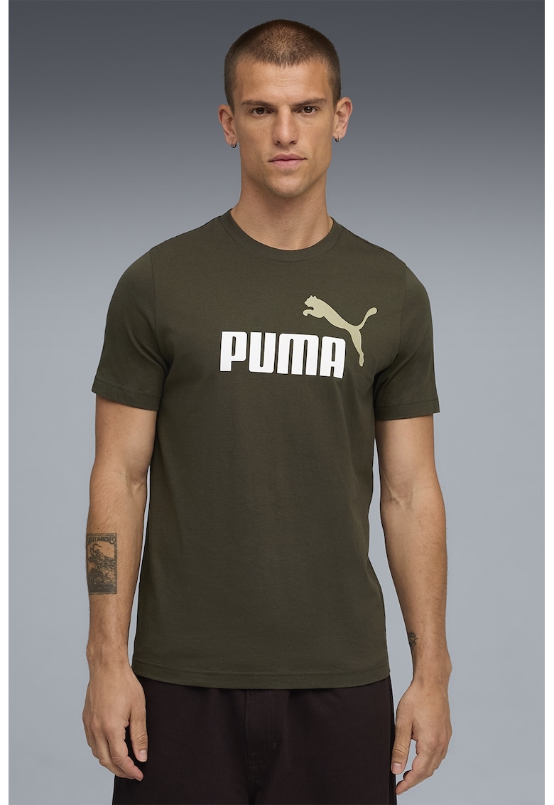 Tricou cu decolteu la baza gatului si imprimeu logo Essentials 2 - Kaki inchis