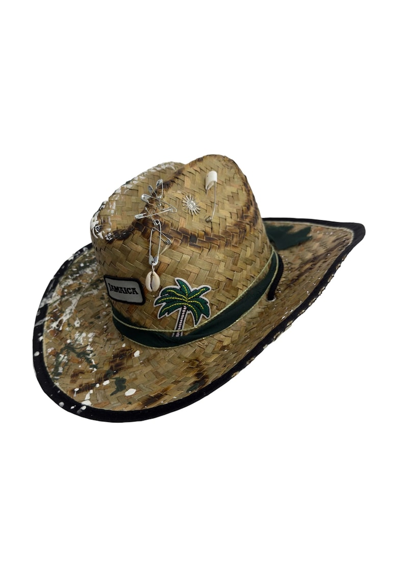 Palarie maro - stil cowboy - de paie - handmade - pictata si accesorizata manual - Jamaica