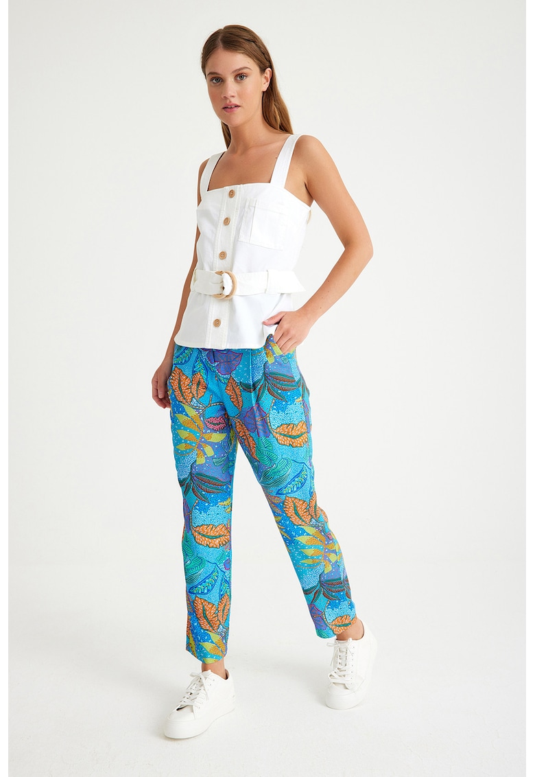 Pantaloni drepti cu talie medie si model - Verde/Portocaliu pal/Albastru royal