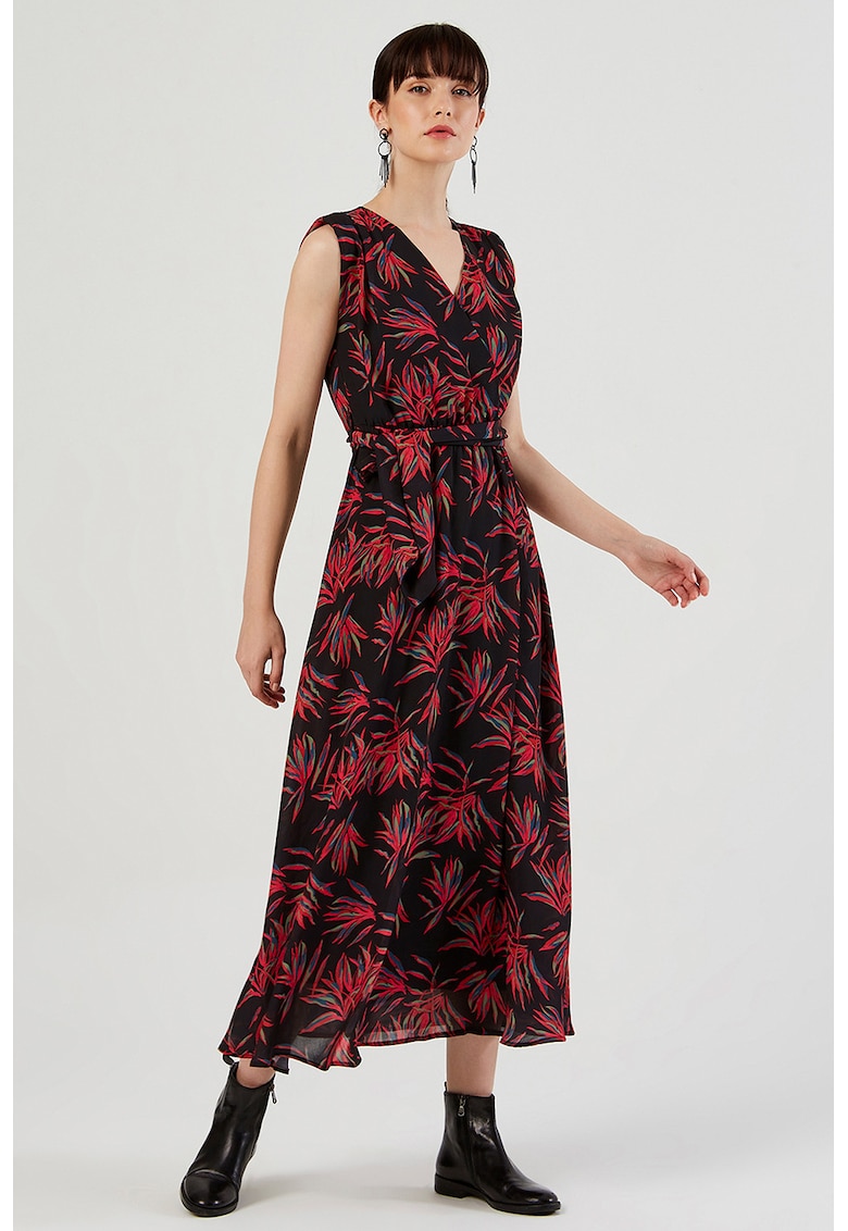 Rochie cu cordon asortat in talie - imprimeu si decolteu in V - Rosu/Verde/Negru