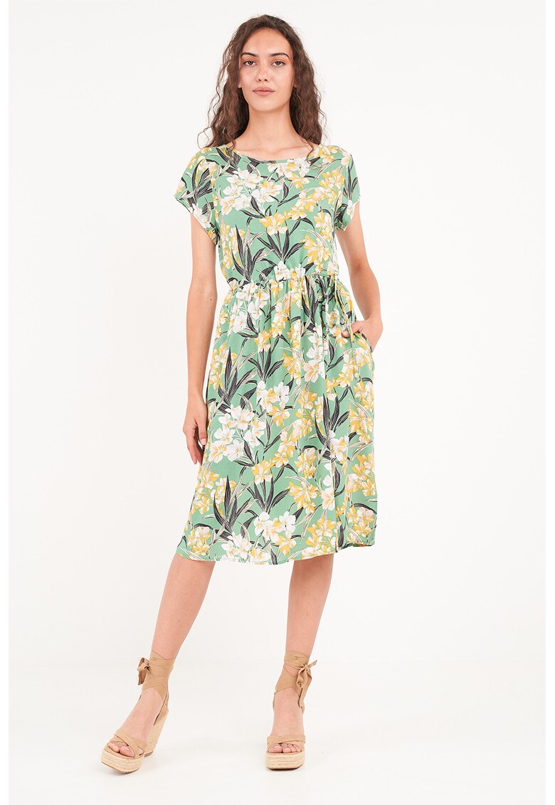 Rochie cu imprimeu - croiala A si buzunare laterale - Verde/Galben