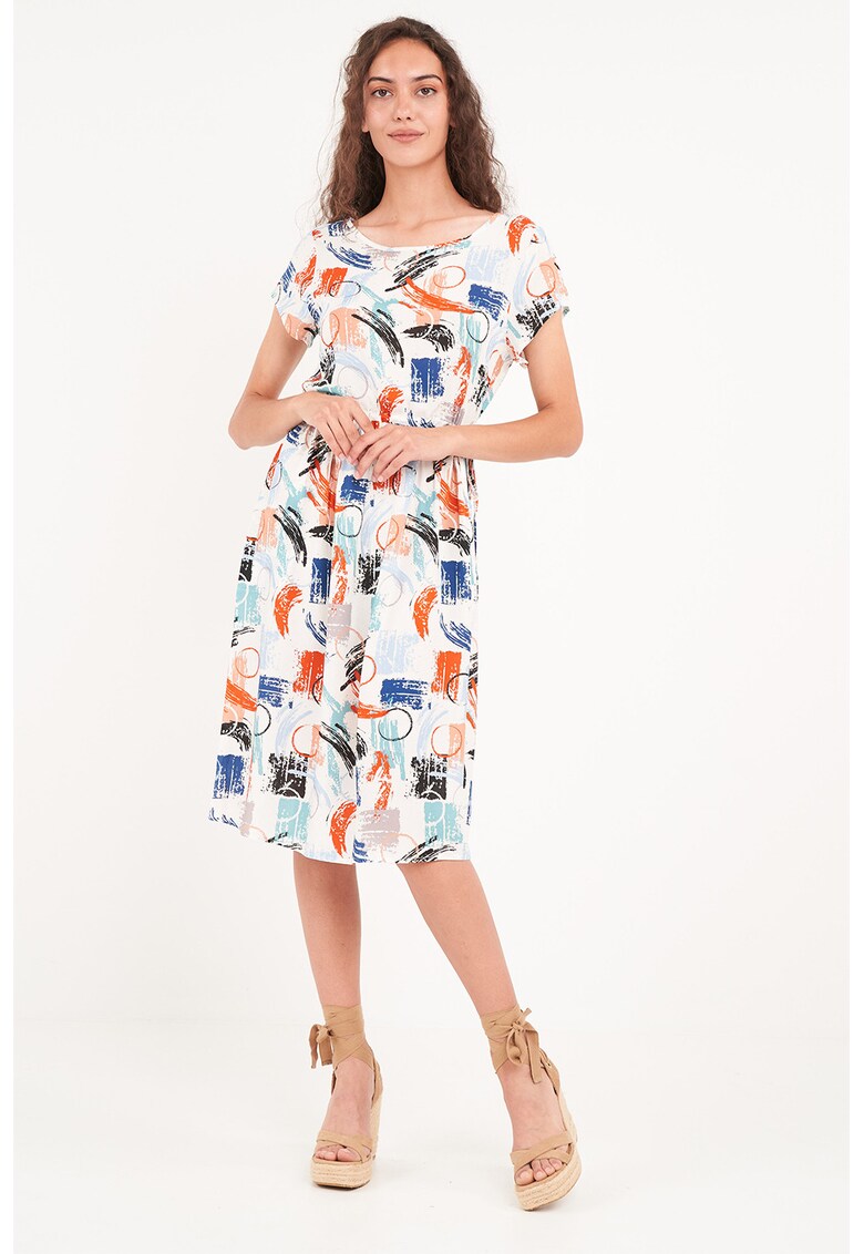 Rochie cu imprimeu si decolteu rotund - Rosu/Alb/Albastru