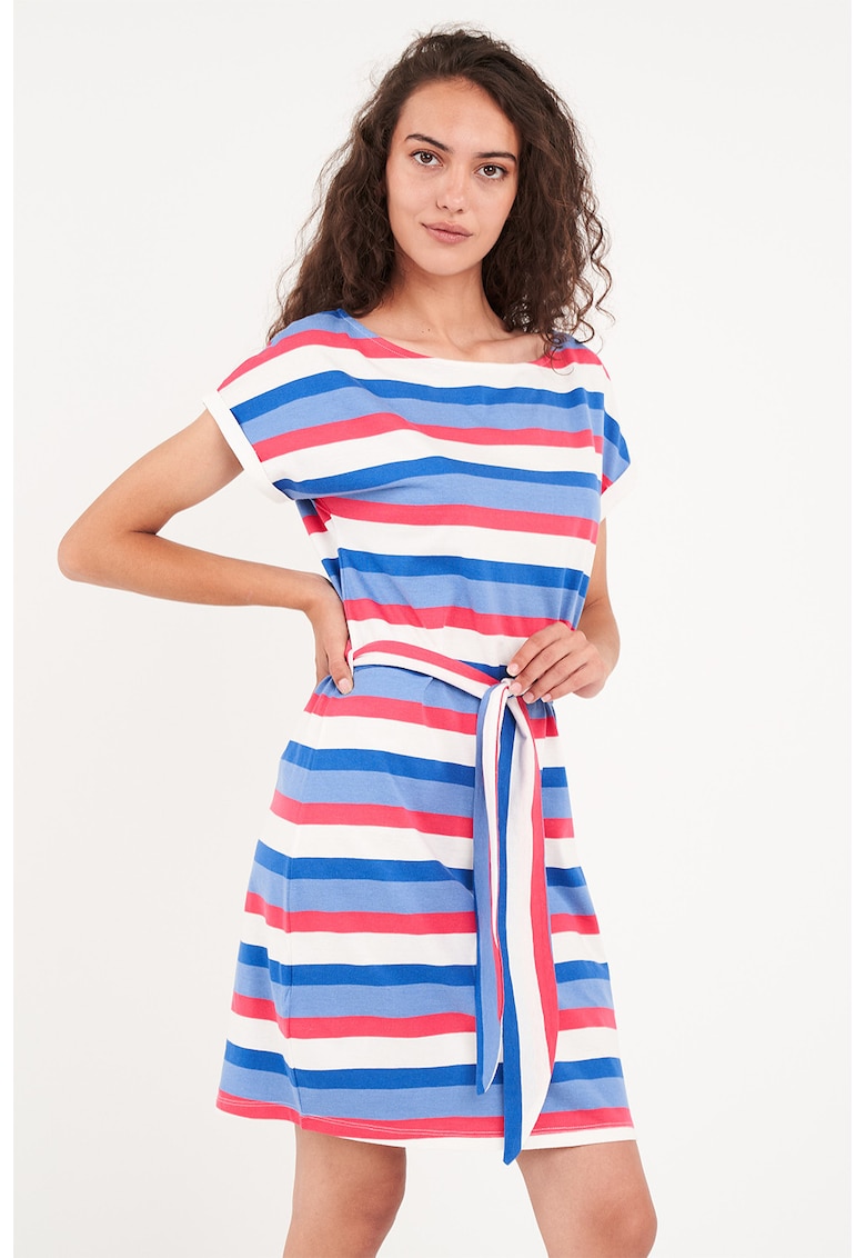 Rochie scurta din amestec de bumbac in dungi cu un cordon