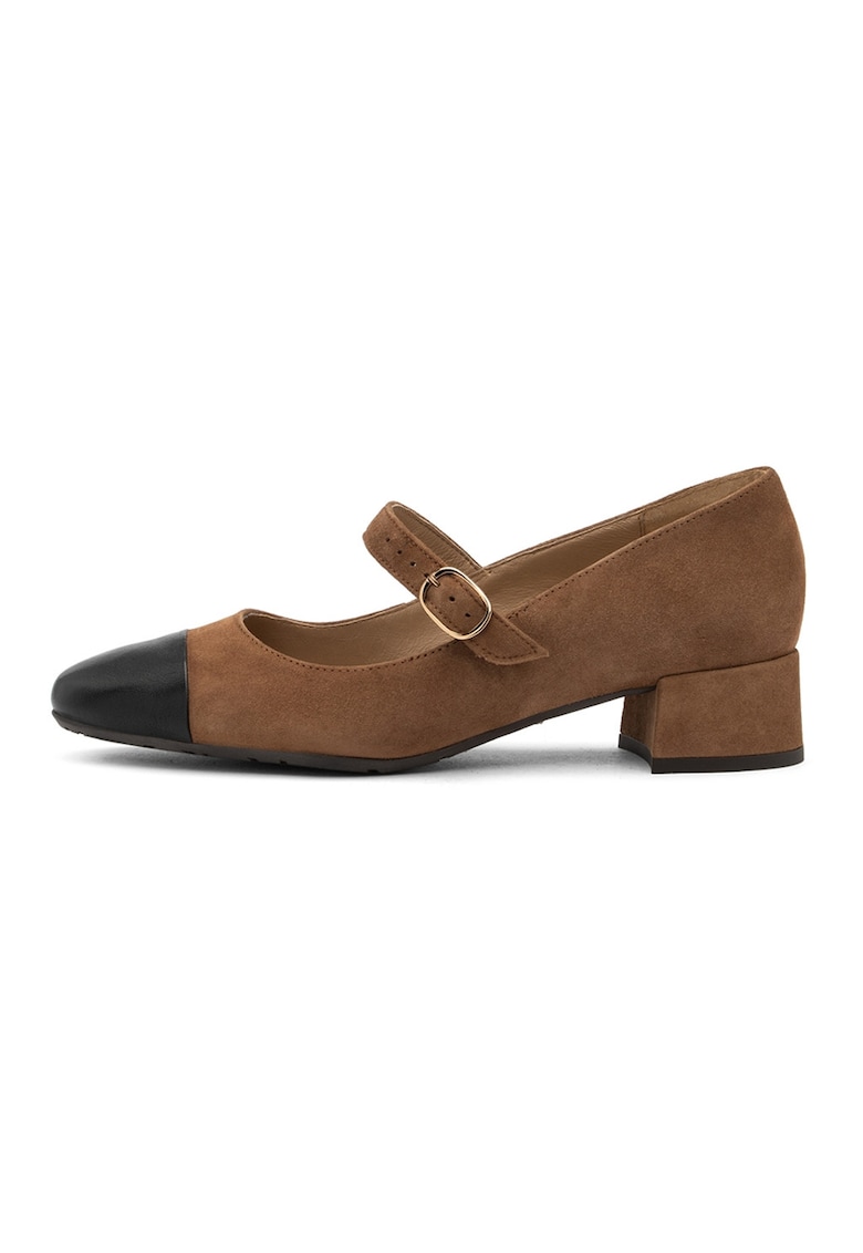 Pantofi Mary Jane din piele cu varf rotund - Maro inchis/Maro camel