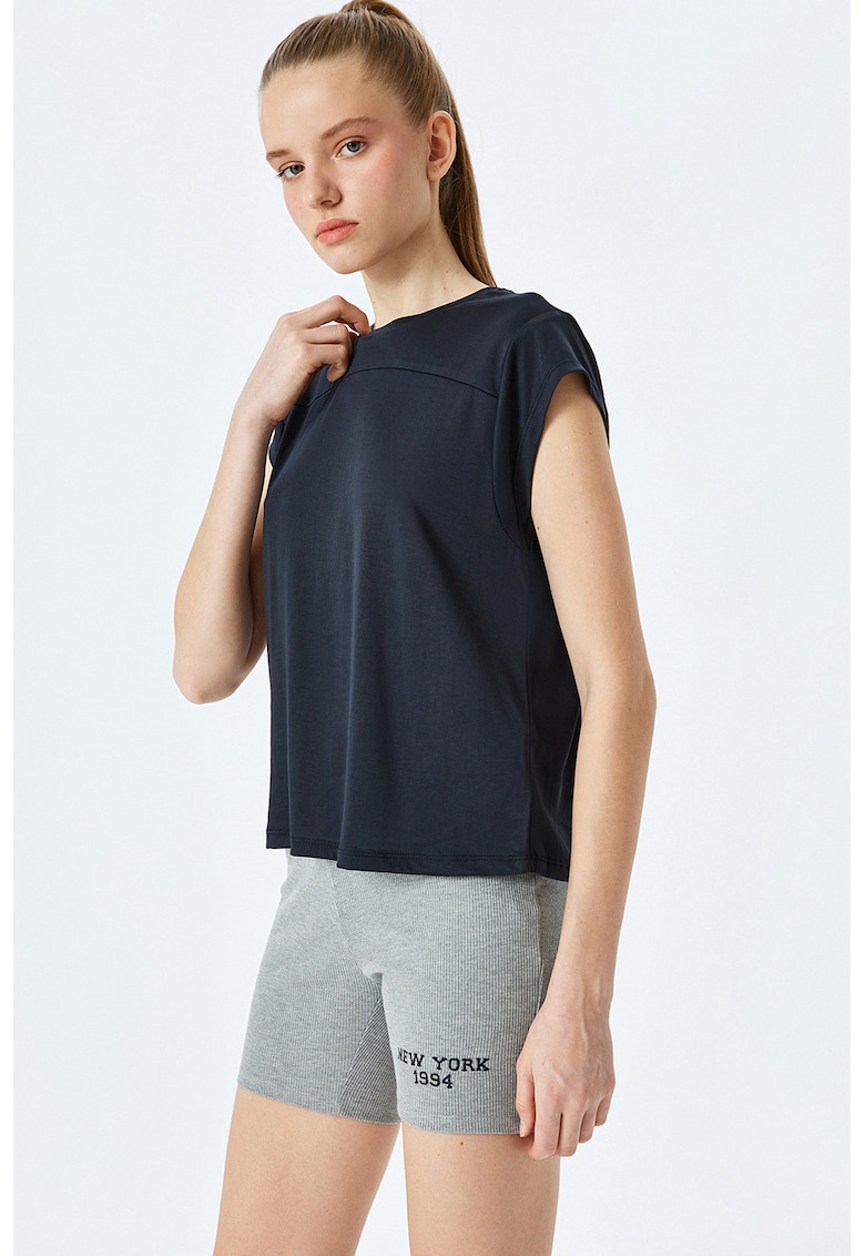 Tricou din amestec de modal cu decolteu la baza gatului - Albastru ultramarin