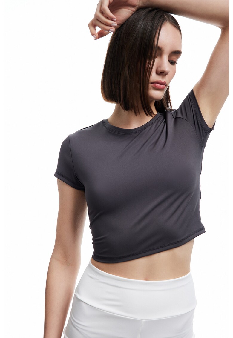 Tricou crop uni cu decolteu la baza gatului - Gri antracit