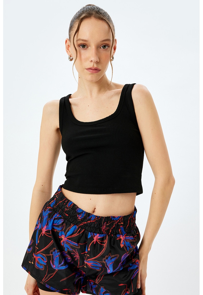 Top crop cu decolteu rotund - Negru