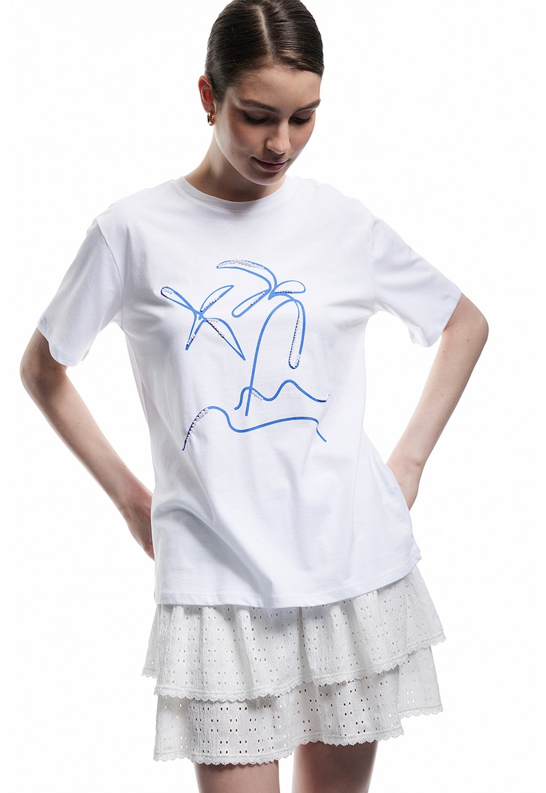 Tricou de bumbacu cu perle sintetice - Alb/Albastru royal