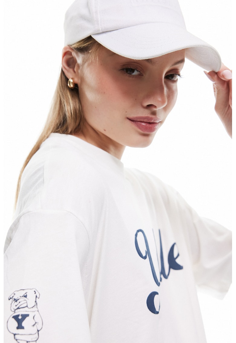 Tricou cu decolteu la baza gatului si imprimeu text - Alb/Bleumarin