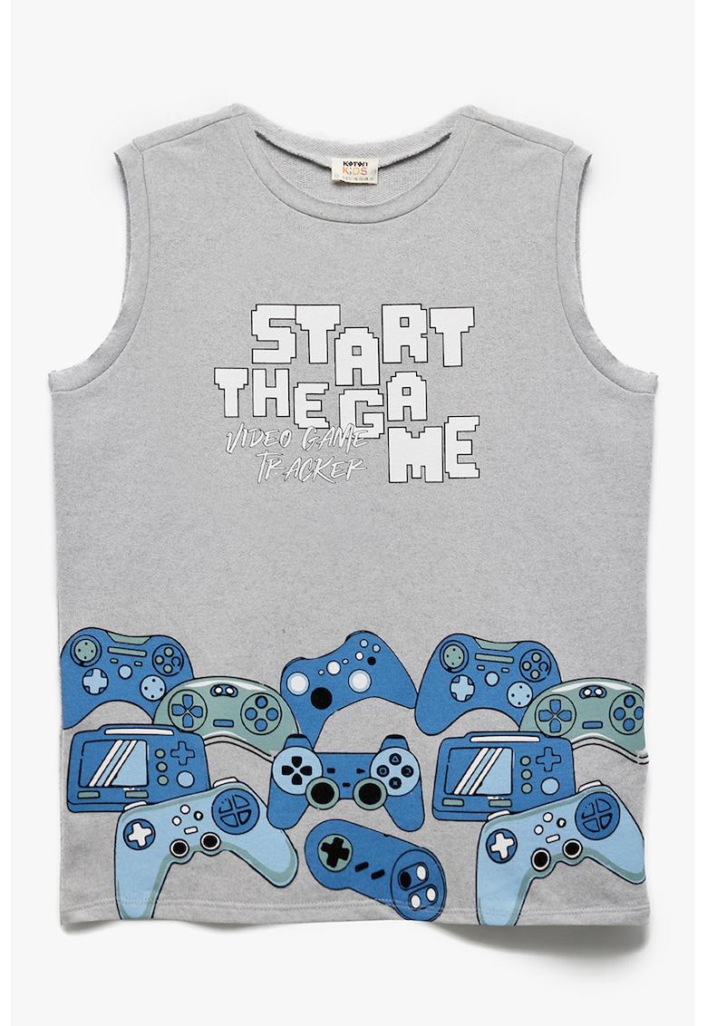 Tricou cu decolteu la baza gatului si imprimeu grafic - Alb/Gri deschis/Albastru