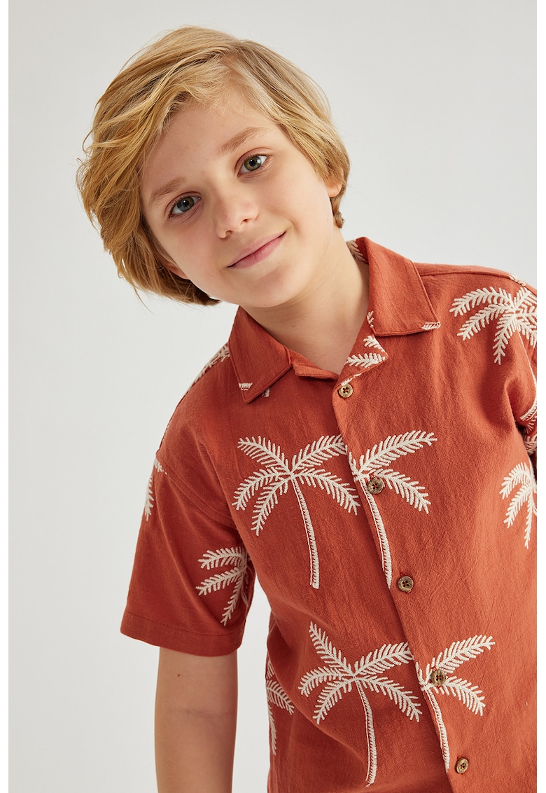 Camasa cu maneci scurte si model tropical - Alb fildes/Portocaliu stins