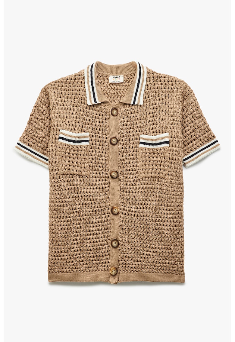 Tricou polo tricotat cu nasturi - Alb fildes/Negru/Maro deschis