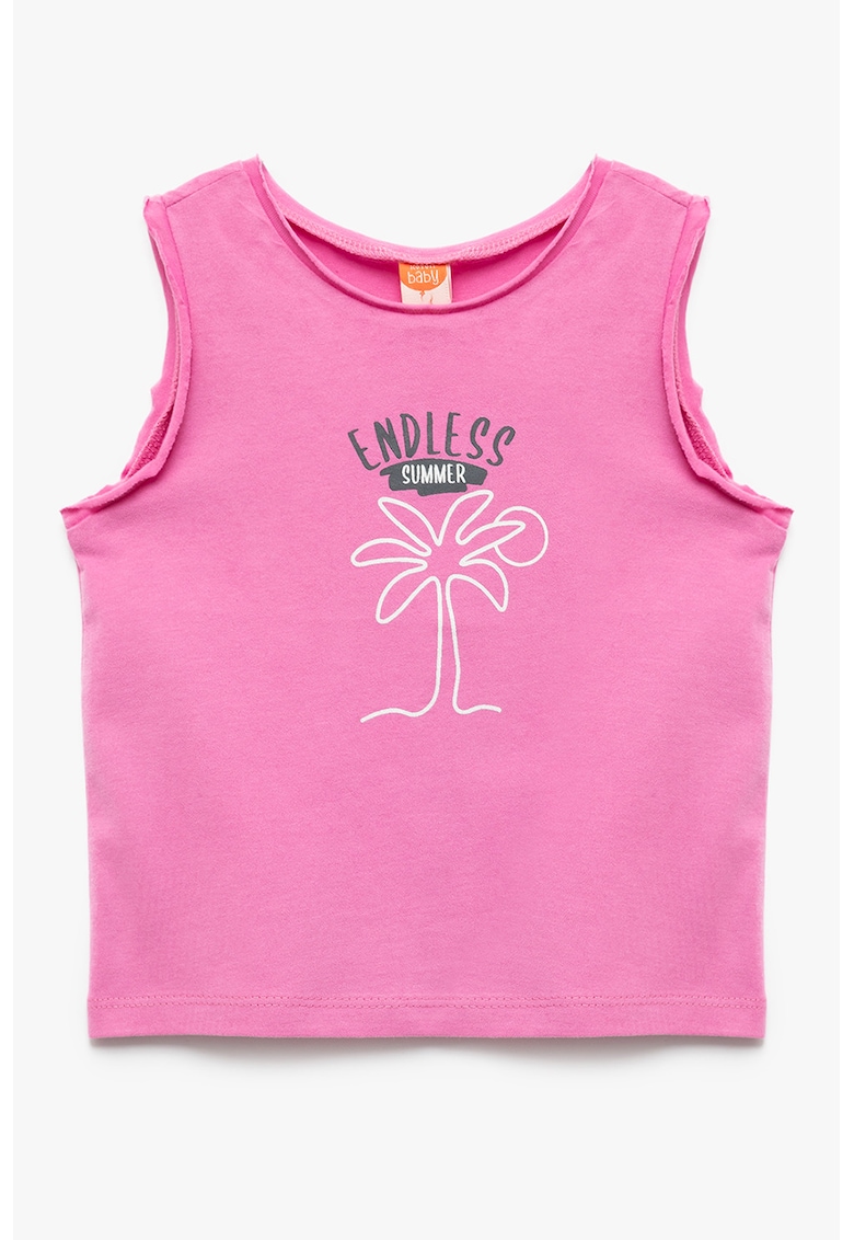 Tricou cu decolteu la baza gatului si design tropical - Roz