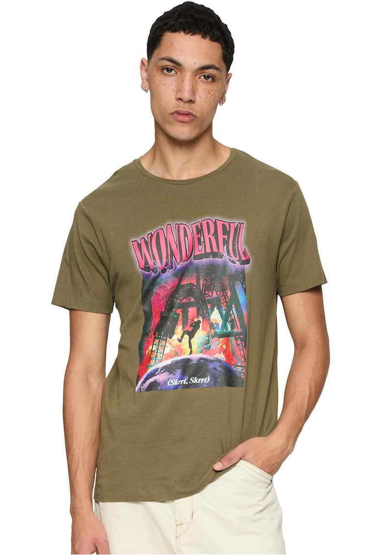 Tricou de bumbac cu imprimeu grafic - Verde sparanghel
