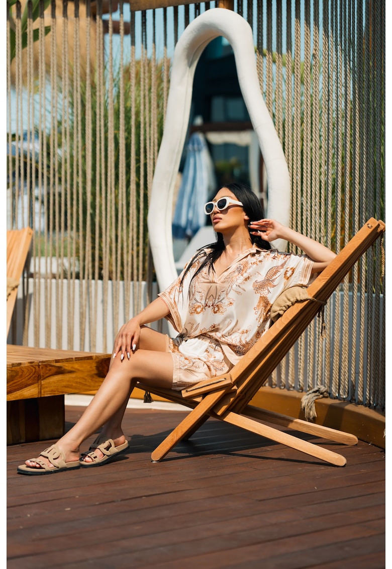 Set Shells bluza si pantalon scurt din mix matase Off White/Brown 17599