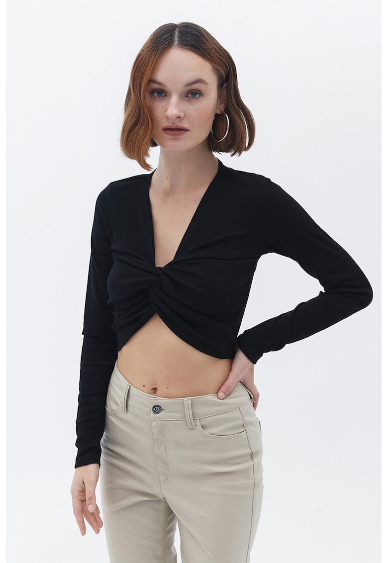 Bluza crop din amestec de lyocell cu nod frontal
