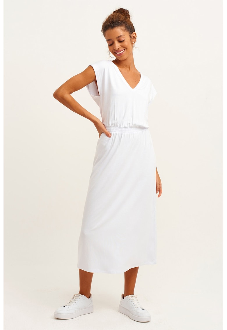 Rochie midi cu decolteu in V si banda elastica