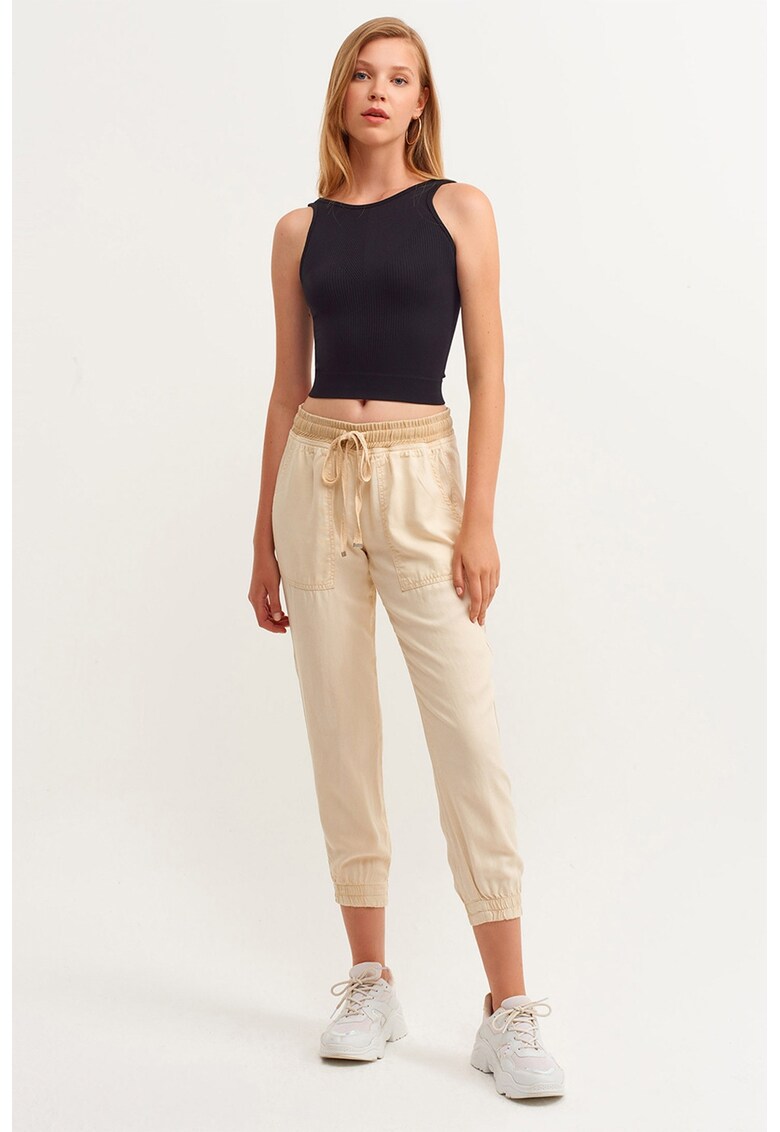 Pantaloni crop din lyocell cu snur - Bej deschis