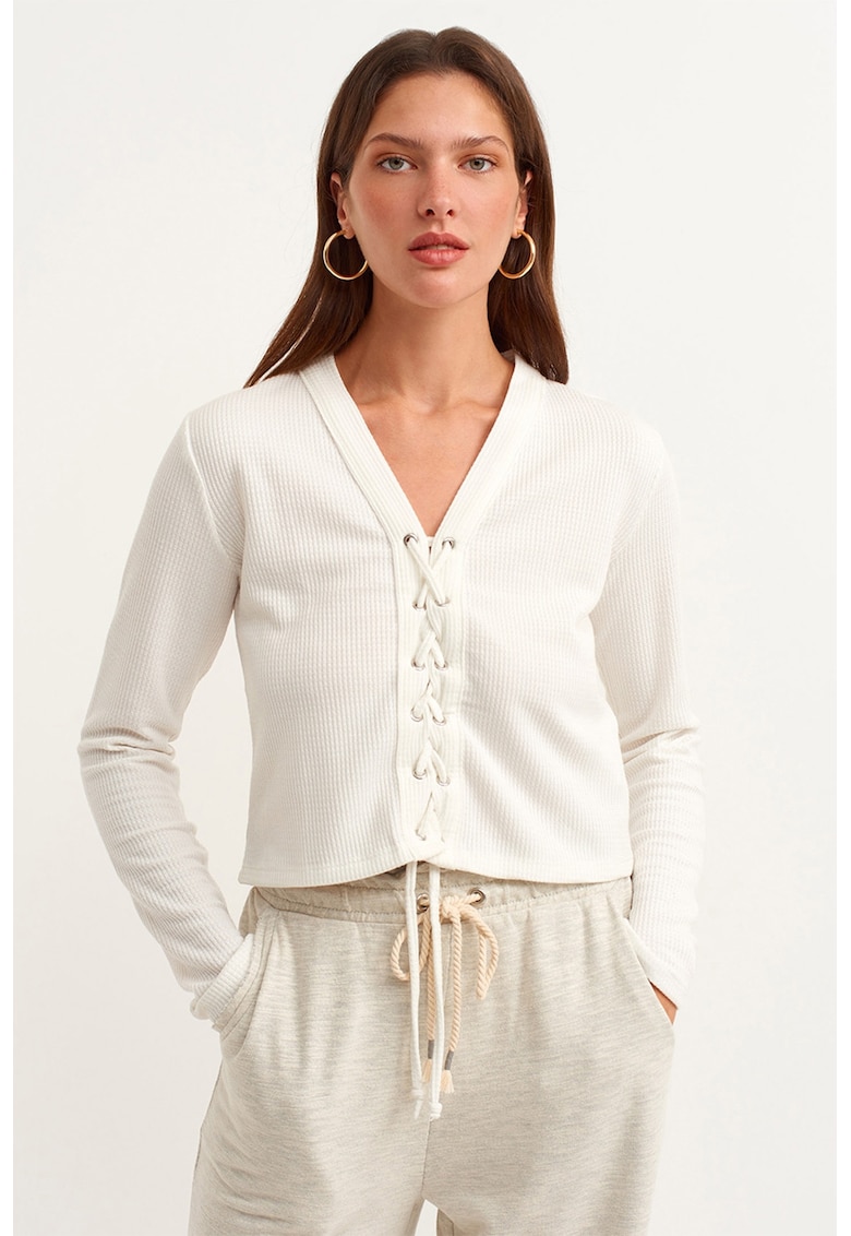 Bluza cu decolteu in V si sireturi - Alb murdar