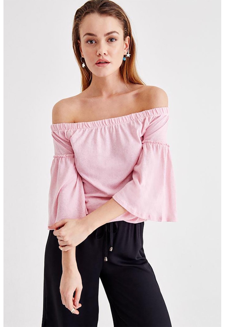 Bluza uni cu decolteu pe umeri - Roz pastel