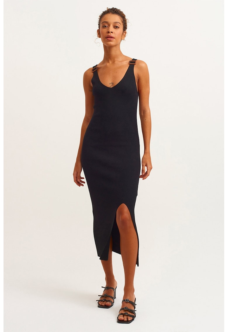 Rochie midi cu slit lateral - Negru
