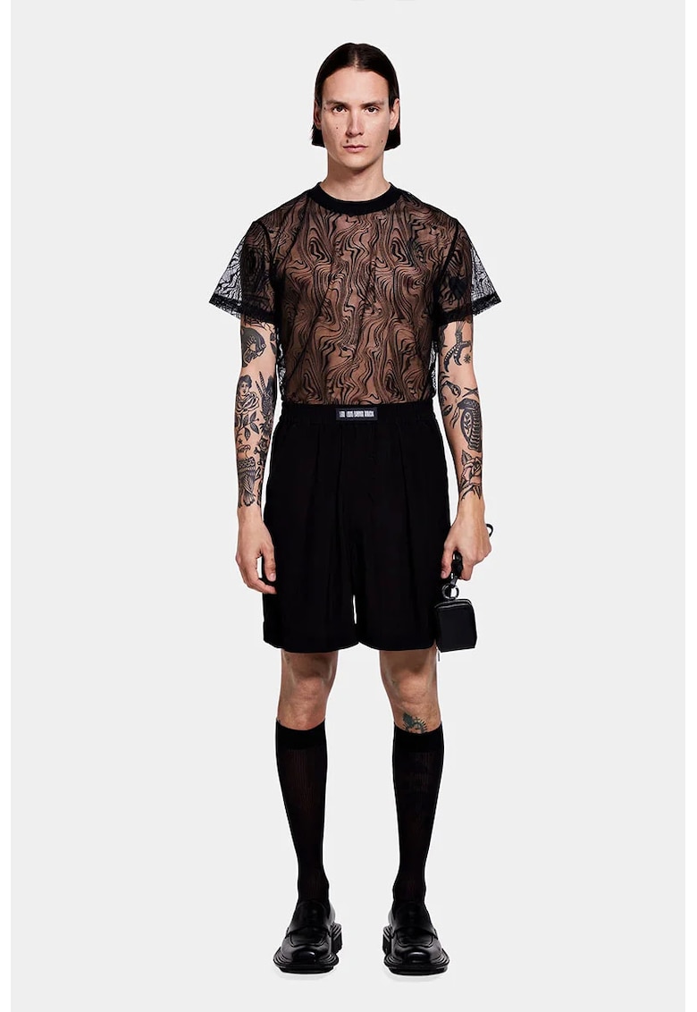 Tricou din dantela cu croială dreaptă - Negru