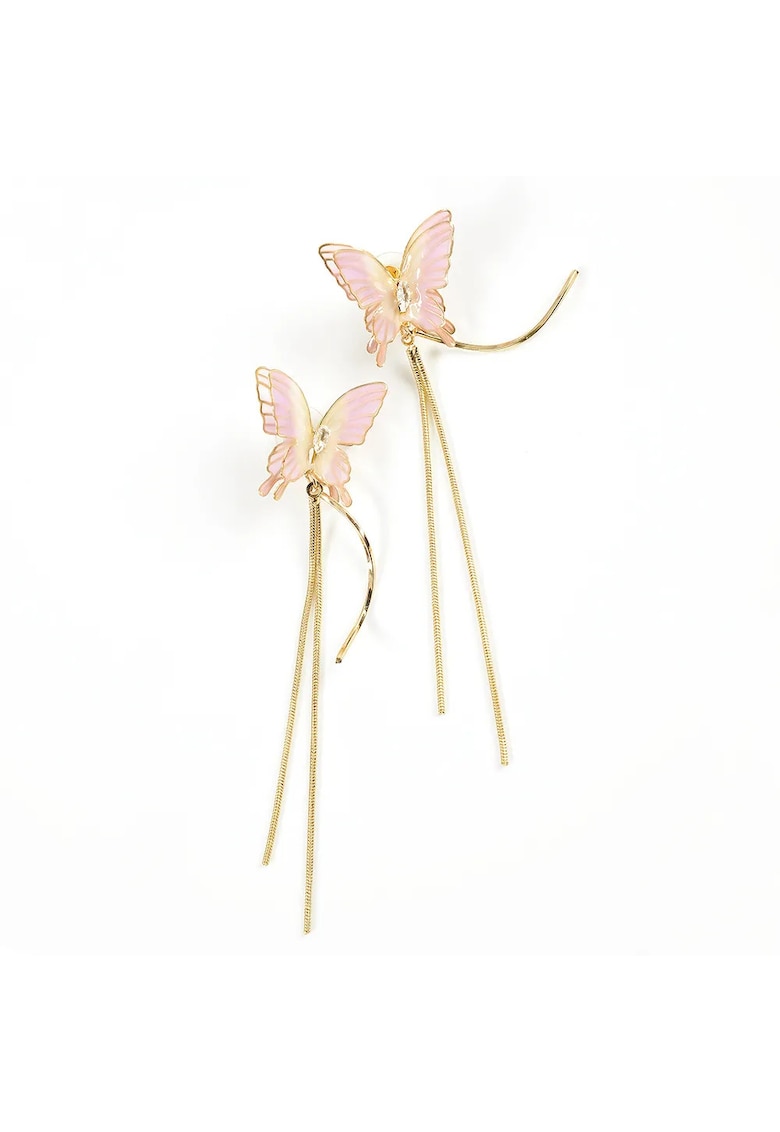 Cercei fluture roz sidefat cu lanturi aurii curbate -  Paris