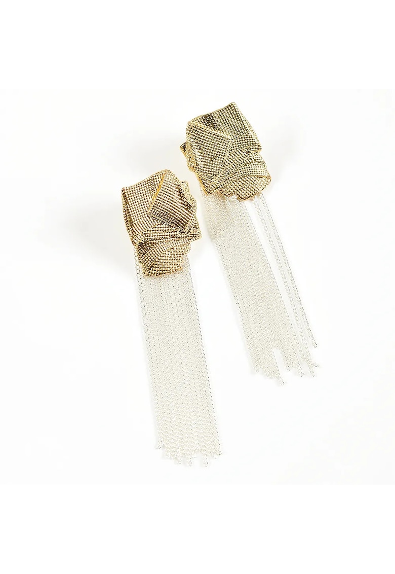 Cercei lungi cu plasa aurie si franjuri argintii tip lant -  Paris