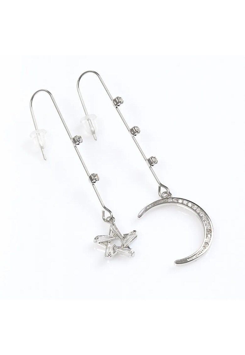 Cercei argintii lungi asimetrici cu stea si luna - design elegant -  Paris