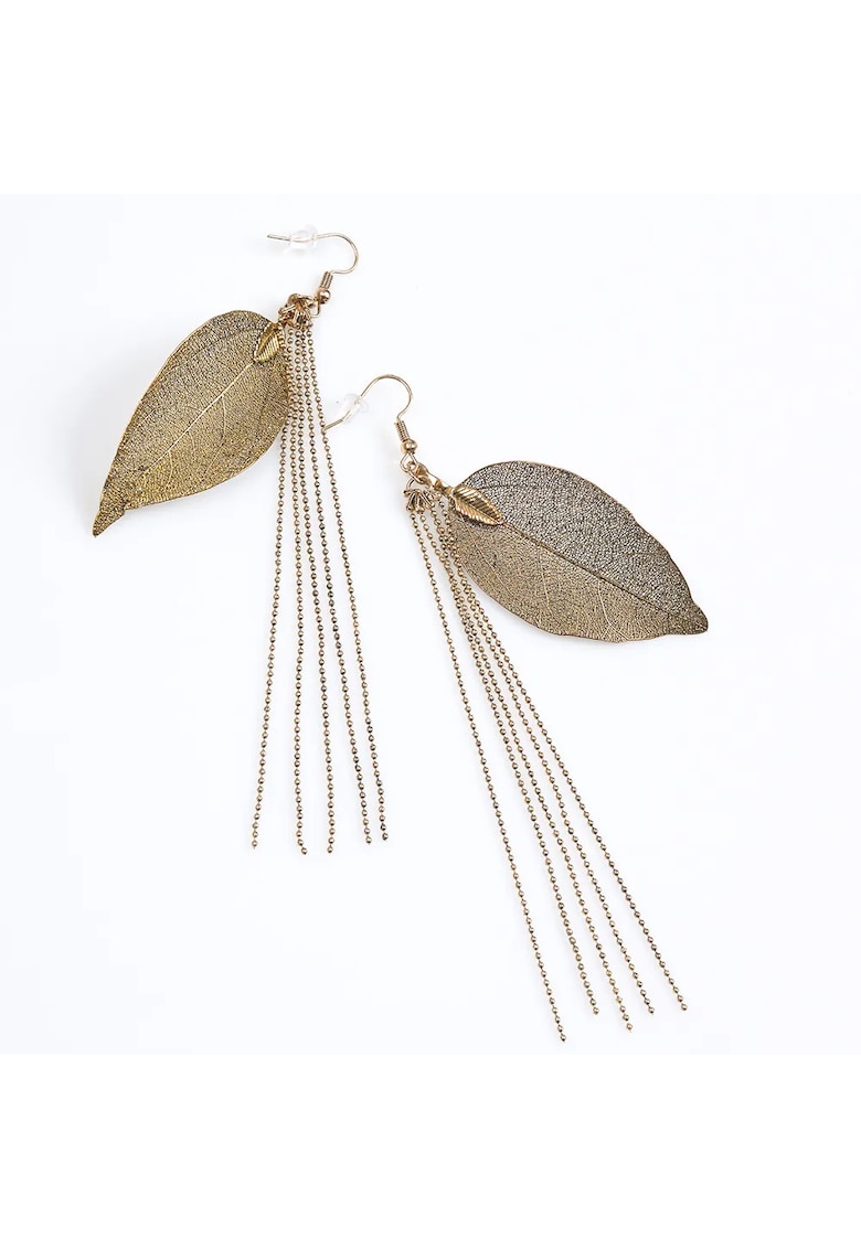 Cercei lungi aurii cu frunza metalica si lantisoare fine -  Paris